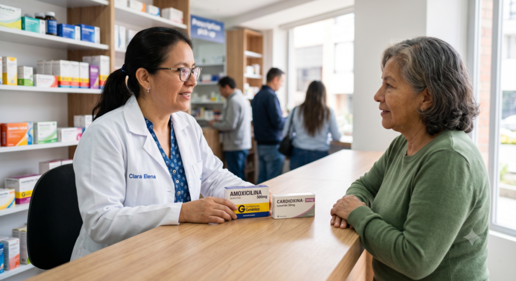 Farmacéutica hispana conversando de forma serena con un paciente en un mostrador de madera con dos cajas de medicamentos bajo luz natural.