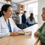 Farmacéutica hispana conversando de forma serena con un paciente en un mostrador de madera con dos cajas de medicamentos bajo luz natural.
