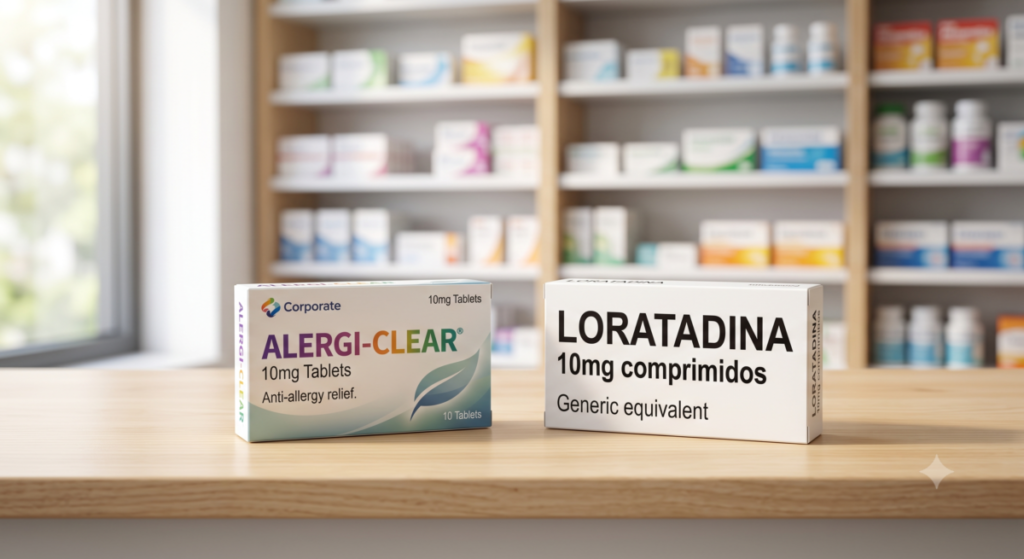 Dos empaques de medicamentos colocados lado a lado sobre un mostrador de madera clara bajo luz natural.