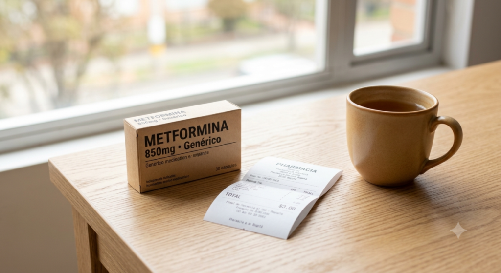 Empaque de medicamento genérico junto a un recibo de farmacia sobre una mesa de madera iluminada por luz natural.