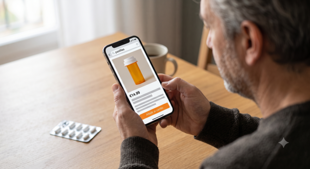 Una persona de mediana edad sostiene un teléfono con una compra de pastillas por internet; al lado, un blíster de pastillas sin marca, ilustrando la venta en línea de medicamentos sin registro sanitario.