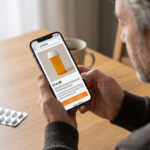 Una persona de mediana edad sostiene un teléfono con una compra de pastillas por internet; al lado, un blíster de pastillas sin marca, ilustrando la venta en línea de medicamentos sin registro sanitario.