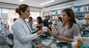 Una empleada de farmacia entrega un pote de crema a una cliente en un mostrador de la sección de cosméticos.