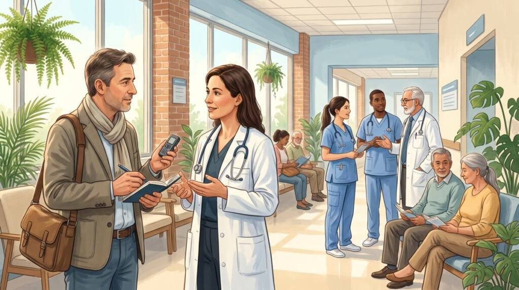 Ilustración de una sala de espera de hospital luminosa, con profesionales de la salud y pacientes que conversan con calma, y un periodista de mediana edad que entrevista a una médica en la entrada