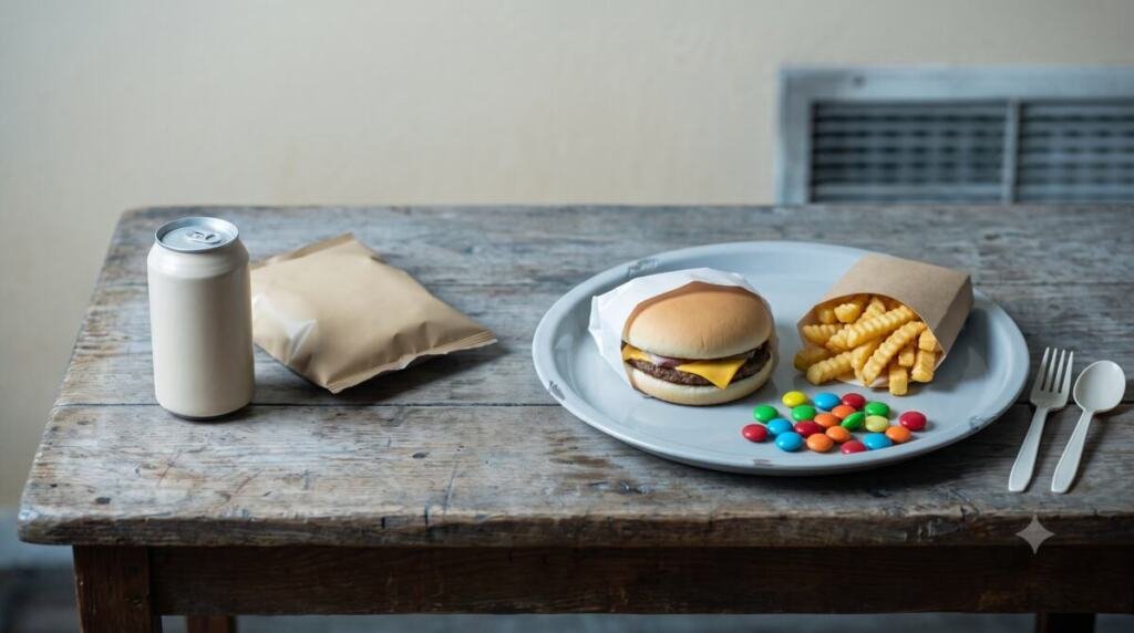 Plato con hamburguesa, papas fritas, gaseosa y dulces de colores sobre mesa desnuda, con luz fría y espacio vacío alrededor.