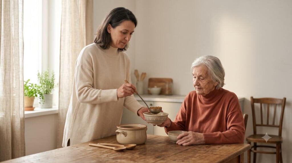 Mujer de pie con suéter beige sirviendo comida con cucharón a mujer mayor sentada con suéter terracota, en cocina con luz natural.