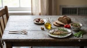 Mesa de madera con pescado a la parrilla, pan integral, aceite de oliva, dátiles, nueces, tomates, lentejas y judías verdes, con luz natural cálida.