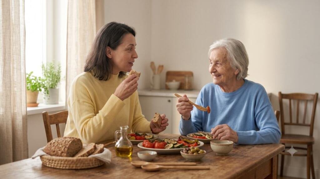 Dos mujeres sentadas a la mesa compartiendo una comida, una con suéter amarillo y otra con suéter azul cielo, en ambiente doméstico cálido.
