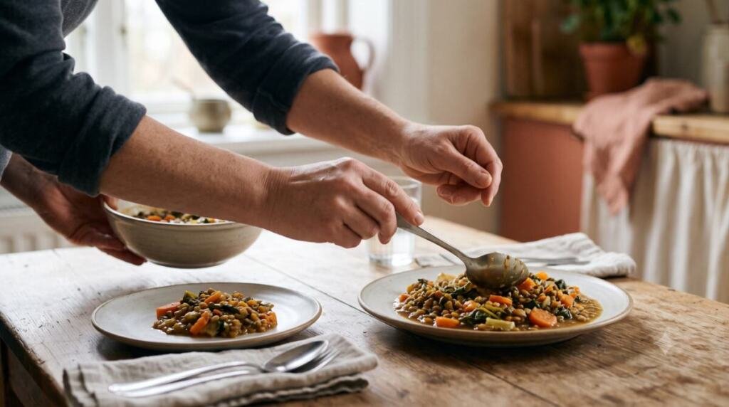 Manos sirviendo un guiso de lentejas con verduras en dos platos, uno con más porción que el otro, sobre mesa de madera con luz natural.