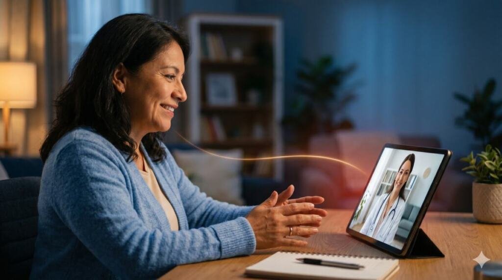 La telepsiquiatría acerca la atención en salud mental a quienes la necesitan: una paciente conversa con su psiquiatra en una consulta por videollamada desde casa. Imagen generada por Gemini AI.