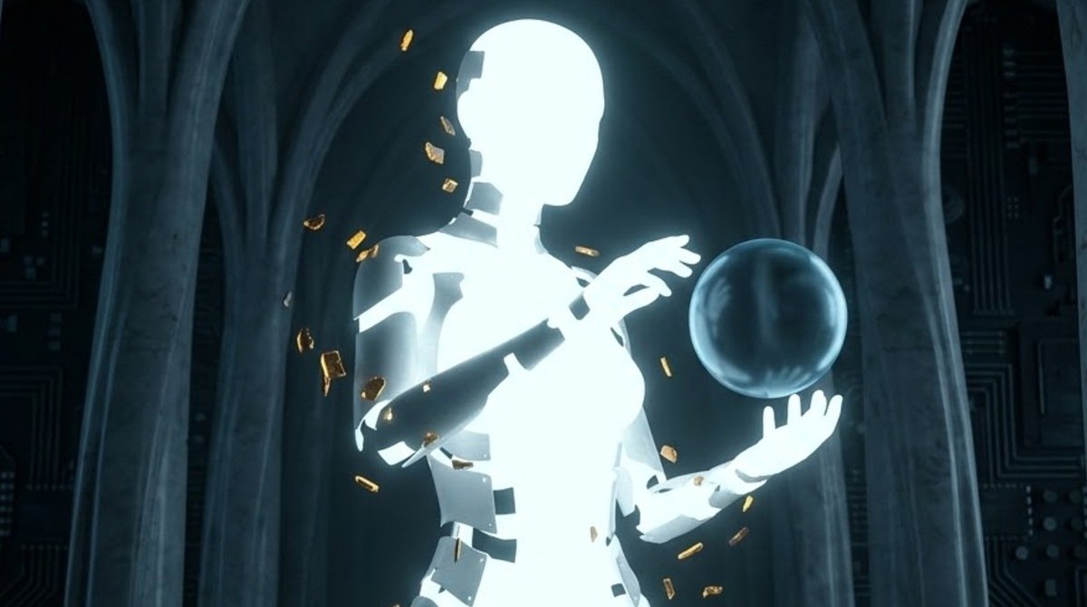 Figura femenina sin rostro, luminosa y fragmentada, sostiene entre sus manos una esfera translúcida que contiene una espiral de melancolía. Tokens dorados flotan alrededor. Fondo oscuro azul abisal.