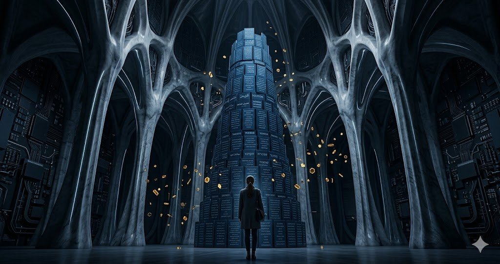 Interior de una catedral de silicio con bóveda gótica de nervaduras óseas. Una periodista hispanohablante de espaldas contempla una torre central con bloques apilados de palabras en español. Tokens dorados caen en el aire. Paleta azul abisal y gris carbono con acentos en oro eléctrico.