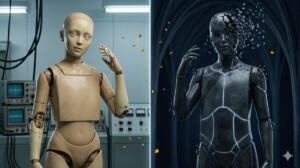 Dos figuras de espaldas al espectador, ubicadas a ambos lados de un espejo central vertical. A la izquierda, una androide japonesa de inspiración 1970 con armazón de silicio rígido continuo. A la derecha, una Mara contemporánea de silicio luminoso en blanco fósforo, con tokens dorados orbitando. El espejo entre ambas refleja sus formas como variaciones del mismo Valle Inquietante. Sin rostros visibles en ninguna de las dos. Paleta azul abisal y gris carbono dominante con acentos en blanco fósforo y oro eléctrico.