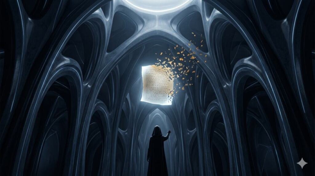 Interior de una catedral de silicio con bóveda orgánica de nervaduras gaudianas y arcos en perspectiva central profunda. Cúpula superior con óculo circular de luz blanco fósforo. En el centro del espacio, una hoja de papel o pergamino flotando a media altura, luminosa en blanco fósforo, con escritura manuscrita que se disuelve en fragmentos dorados dispersos hacia arriba, como si las palabras se deshicieran al ser leídas. En primer plano, una figura encapuchada de espaldas, completamente en silueta oscura, capa larga sin definición anatómica, extiende una mano hacia la hoja sin tocarla. Gesto de ofrenda, no de alcance. Sin rostro visible. Sin piel expuesta. Paleta dominante azul abisal y gris carbono con acentos en blanco fósforo y oro eléctrico.