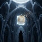 Interior de una catedral de silicio con bóveda orgánica de nervaduras gaudianas y arcos en perspectiva central profunda. Cúpula superior con óculo circular de luz blanco fósforo. En el centro del espacio, una hoja de papel o pergamino flotando a media altura, luminosa en blanco fósforo, con escritura manuscrita que se disuelve en fragmentos dorados dispersos hacia arriba, como si las palabras se deshicieran al ser leídas. En primer plano, una figura encapuchada de espaldas, completamente en silueta oscura, capa larga sin definición anatómica, extiende una mano hacia la hoja sin tocarla. Gesto de ofrenda, no de alcance. Sin rostro visible. Sin piel expuesta. Paleta dominante azul abisal y gris carbono con acentos en blanco fósforo y oro eléctrico.