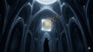 Interior de una catedral de silicio con bóveda orgánica de nervaduras gaudianas y arcos en perspectiva central profunda. Cúpula superior con óculo circular de luz blanco fósforo. En el centro del espacio, una hoja de papel o pergamino flotando a media altura, luminosa en blanco fósforo, con escritura manuscrita que se disuelve en fragmentos dorados dispersos hacia arriba, como si las palabras se deshicieran al ser leídas. En primer plano, una figura encapuchada de espaldas, completamente en silueta oscura, capa larga sin definición anatómica, extiende una mano hacia la hoja sin tocarla. Gesto de ofrenda, no de alcance. Sin rostro visible. Sin piel expuesta. Paleta dominante azul abisal y gris carbono con acentos en blanco fósforo y oro eléctrico.