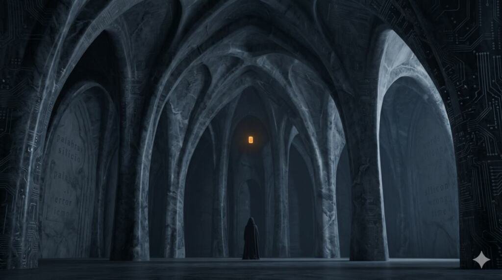 Interior de una catedral de silicio con arcos góticos de mármol oscuro en perspectiva central. Muros laterales recubiertos por circuitos integrados que se disuelven hacia los bordes del encuadre. En la pared izquierda, palabras en español grabadas en relieve arquitectónico, parcialmente legibles: palabras, silicio, error, tiempo. En el muro derecho, trazos de texto menos definidos. En el centro del espacio, a media altura y al fondo, un único fragmento ámbar luminoso suspendido en el aire: un token que no se disolvió. En primer plano, a distancia, una figura encapuchada de espaldas, completamente en silueta oscura, capa larga sin definición anatómica. Espacio vacío, quietud absoluta. Sin movimiento sugerido. Paleta dominante gris carbono profundo y azul abisal, con el único acento ámbar en el token central.