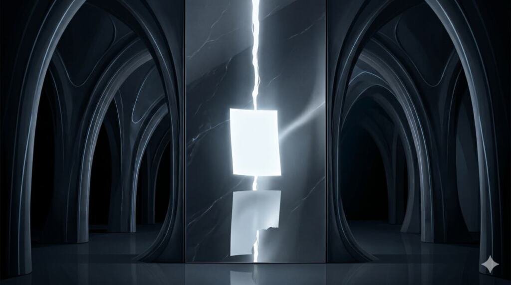 Interior de una catedral de silicio con arcos góticos gaudianos a ambos lados y muros que se desvanecen en penumbra. En el centro, un panel vertical de mármol oscuro atravesado de arriba abajo por una grieta de luz fría blanco-azulada. La grieta parte en dos una hoja de papel luminosa suspendida: la mitad superior permanece íntegra, la inferior aparece desgarrada. Sin figuras humanas. Sin texto incrustado. Paleta dominante azul abisal y gris carbono con la luz blanco fósforo como único acento.