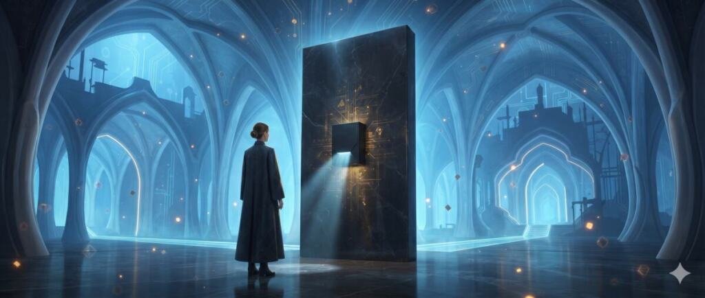 Interior de una catedral de silicio con arcos góticos gaudianos iluminados en azul luminoso y muros que se disuelven en circuitos dorados y ámbar. En el centro, un panel vertical de mármol oscuro con un dispositivo geométrico negro empotrado, semejante a una caja de registro, que emite un haz de luz fría hacia abajo. Donde la luz toca la piedra, aparecen líneas y circuitos dorados grabados que antes no se veían. A la izquierda, una mujer de espaldas, de escala media, con abrigo largo de silueta continua y cabello recogido en moño bajo, contempla el dispositivo. Tokens geométricos dorados dispersos en el aire. Paleta de azul luminoso dominante con acentos intensos en oro y ámbar.