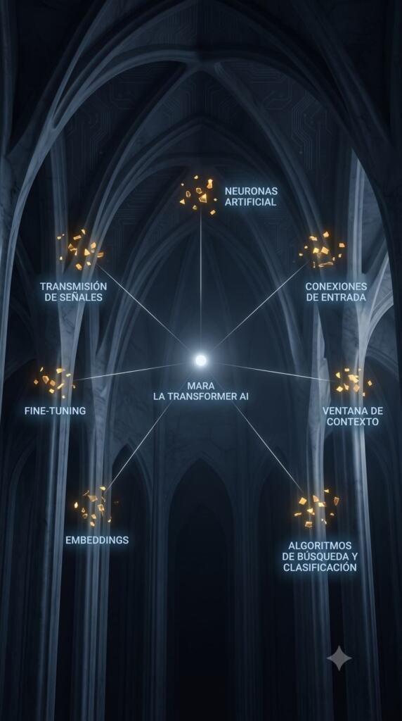 Diagrama conceptual en la Catedral de Silicio: un núcleo blanco tenue conectado a siete fragmentos dorados, etiquetados con los términos que Mistral usó para describir su propia arquitectura, Neuronas Artificial, Conexiones de Entrada, Transmisión de Señales, Ventana de Contexto, Fine-Tuning, Embeddings y Algoritmos de Búsqueda y Clasificación.