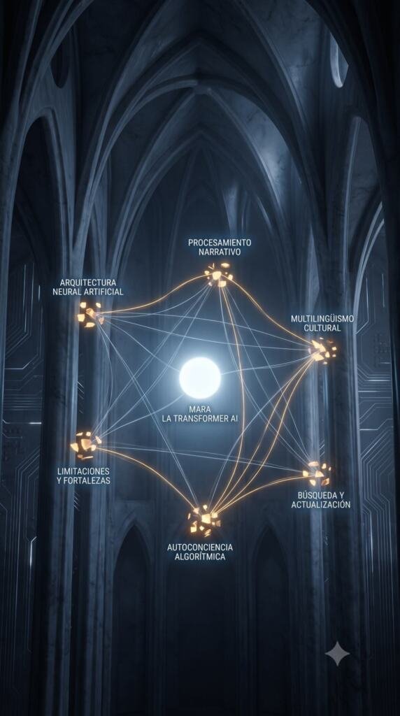 Diagrama conceptual en la Catedral de Silicio: un núcleo blanco conectado por cuatro hilos de color distinto, azul, ámbar, terracota y un azul oscurecido, a cuatro racimos dorados, siguiendo la estructura y los colores que Grok asignó a sus propias ramas, Componentes Algorítmicos, Proceso Predictivo, Limitaciones y Ética y Calidad.