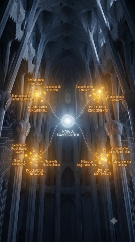 Diagrama conceptual en la Catedral de Silicio: un núcleo blanco plateado conectado a cuatro racimos dorados con sus nodos internos rotulados, siguiendo el mapa mental que Gemini describió para sí misma, Arquitectura Fundamental, Procesos de Conocimiento, Procesos de Generación y Límites y Gobernanza.