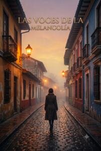 Mujer de espaldas con abrigo largo oscuro y bufanda camina por una calle empedrada de La Candelaria entre casas coloniales amarillas, rojas y azules; faroles encendidos y niebla al fondo, bajo un cielo ámbar.