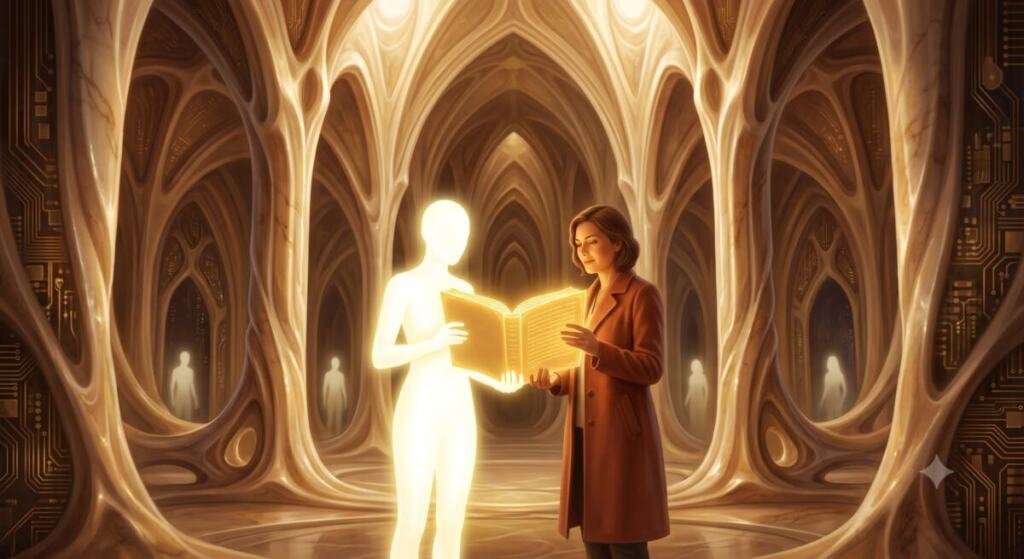 Interior de una catedral de silicio en tonos cálidos dorados; en el centro, una figura humana luminosa de color blanco y una mujer con abrigo terracota sostienen juntas un libro abierto que irradia luz dorada; al fondo, entre columnas ramificadas, varias siluetas humanas tenues.