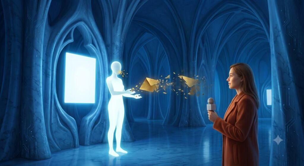Interior de una catedral gótica de silicio en tonos azules; a la izquierda, una figura humana luminosa de color blanco extiende las manos y de ellas se desprenden dos sobres dorados que se deshacen en fragmentos hacia el centro; a la derecha, de perfil, una periodista con abrigo terracota sostiene un micrófono; en la pared del fondo, un rectángulo de luz blanca.