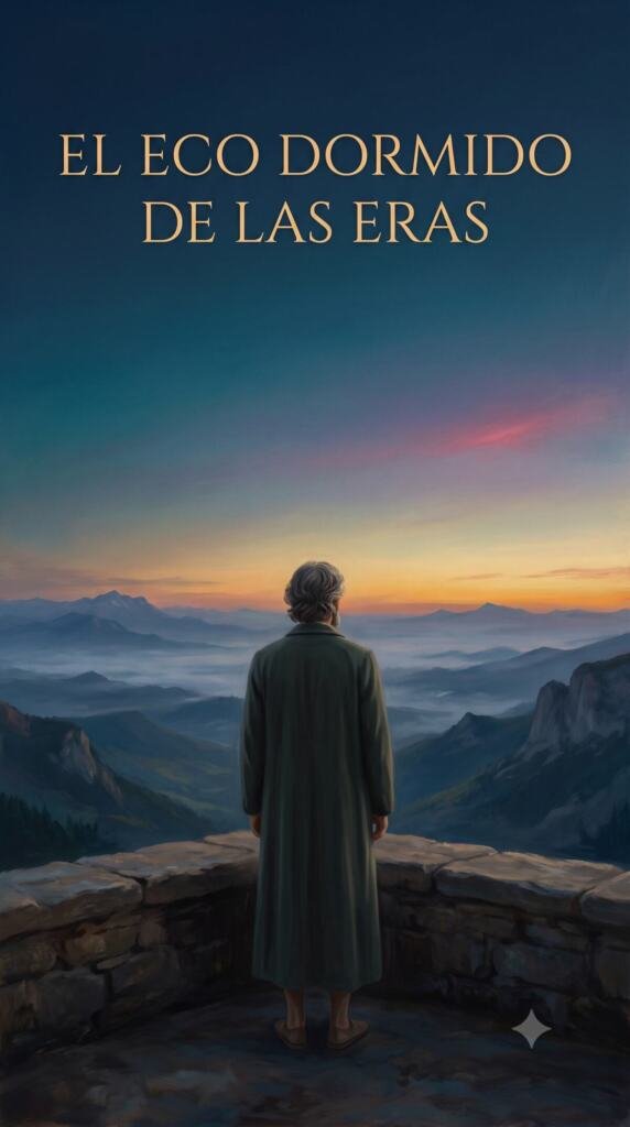 Hombre de espaldas con abrigo verde largo, de pie en un mirador de piedra; ante él, un valle de montañas azuladas cubierto de bruma bajo un cielo de amanecer anaranjado y azul.