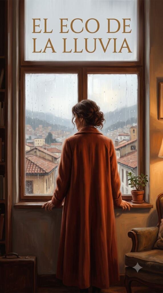 Mujer de espaldas con abrigo terracota frente a una ventana con gotas de lluvia; al fondo, tejados de terracota y montañas grises; interior cálido con una planta en el alféizar.