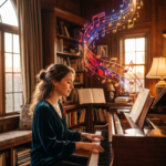 Mujer de perfil toca un piano de cola en una sala de madera al atardecer; del piano se eleva un remolino de notas musicales convertidas en luz viva multicolor —carmesí, púrpura, cobalto, ámbar y oro— brillante y translúcida.