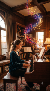 Mujer de perfil toca un piano de cola en una sala de madera al atardecer; del piano se eleva un remolino de notas musicales convertidas en luz viva multicolor —carmesí, púrpura, cobalto, ámbar y oro— brillante y translúcida.