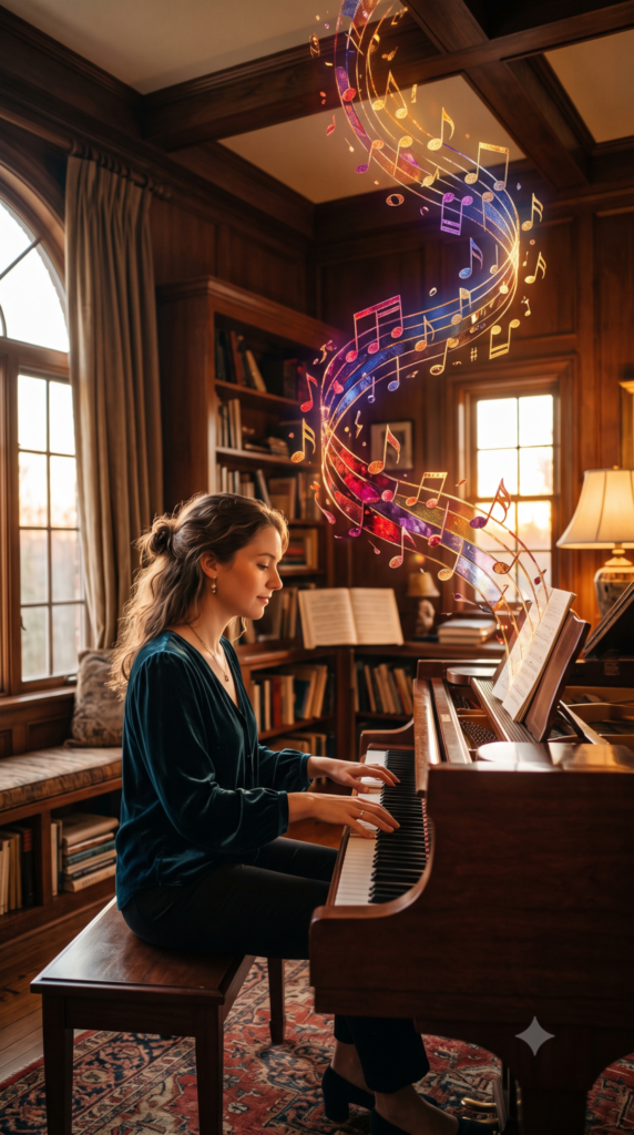 Mujer de perfil toca un piano de cola en una sala de madera al atardecer; del piano se eleva un remolino de notas musicales convertidas en luz viva multicolor —carmesí, púrpura, cobalto, ámbar y oro— brillante y translúcida.