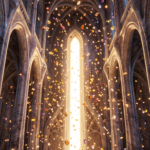 Interior de una catedral de silicio con arcos góticos y columnas de mármol; por un umbral vertical de luz blanca-dorada brotan y flotan cientos de destellos de vidrio de colores —oro, ámbar, carmesí, púrpura y cobalto— dispersos por todo el aire, sobre un suelo de mármol con líneas de circuitería dorada