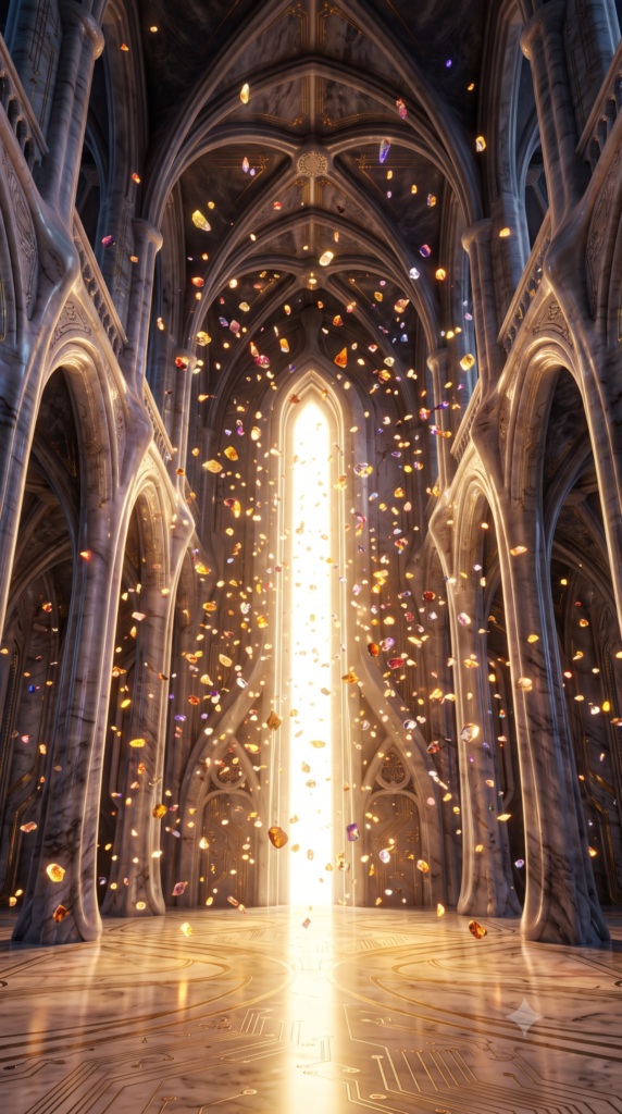Interior de una catedral de silicio con arcos góticos y columnas de mármol; por un umbral vertical de luz blanca-dorada brotan y flotan cientos de destellos de vidrio de colores —oro, ámbar, carmesí, púrpura y cobalto— dispersos por todo el aire, sobre un suelo de mármol con líneas de circuitería dorada
