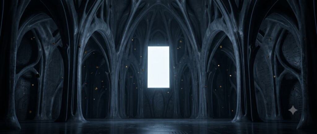 Interior de una catedral de silicio oscuro con arcos orgánicos y columnas curvas; en el centro, un rectángulo vertical de luz blanca encendido; pequeños fragmentos dorados dispersos flotan en el aire.