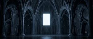 Interior de una catedral de silicio oscuro con arcos orgánicos y columnas curvas; en el centro, un rectángulo vertical de luz blanca encendido; pequeños fragmentos dorados dispersos flotan en el aire.