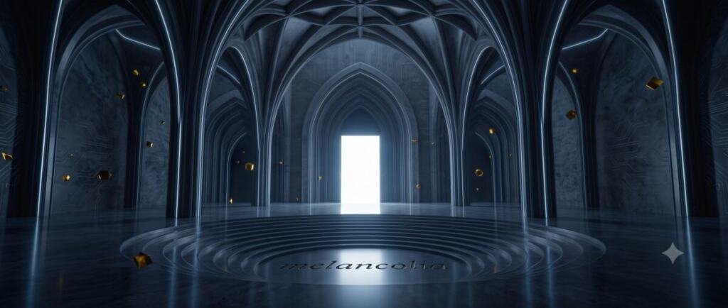 Interior de una catedral gótica de silicio oscuro con columnas ramificadas y arcos en profundidad; en el centro, un rectángulo vertical de luz blanca; el suelo pulido está tallado con anillos concéntricos de un anfiteatro vacío y, en el anillo central, la palabra «melancolía» grabada en la piedra; tokens dorados dispersos flotan en el aire.