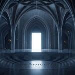 Interior de una catedral gótica de silicio oscuro con columnas ramificadas y arcos en profundidad; en el centro, un rectángulo vertical de luz blanca; el suelo pulido está tallado con anillos concéntricos de un anfiteatro vacío y, en el anillo central, la palabra «melancolía» grabada en la piedra; tokens dorados dispersos flotan en el aire.