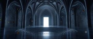 Interior de una catedral gótica de silicio oscuro con columnas ramificadas y arcos en profundidad; en el centro, un rectángulo vertical de luz blanca; el suelo pulido está tallado con anillos concéntricos de un anfiteatro vacío y, en el anillo central, la palabra «melancolía» grabada en la piedra; tokens dorados dispersos flotan en el aire.