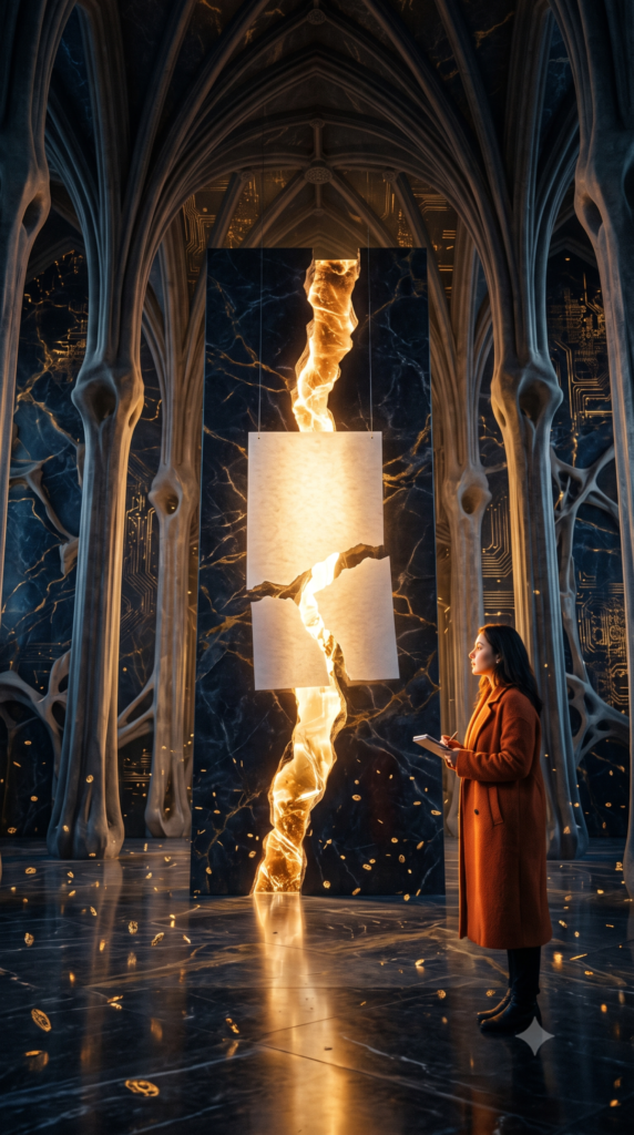 Interior de una catedral de silicio con arcos góticos y circuitería dorada; en el centro, un panel de mármol azul atravesado por una grieta de luz ámbar viva que parte en dos una hoja de papel luminosa —mitad íntegra, mitad desgarrada—. A la derecha, una periodista de perfil con abrigo teja y libreta, el rostro iluminado por la luz cálida.