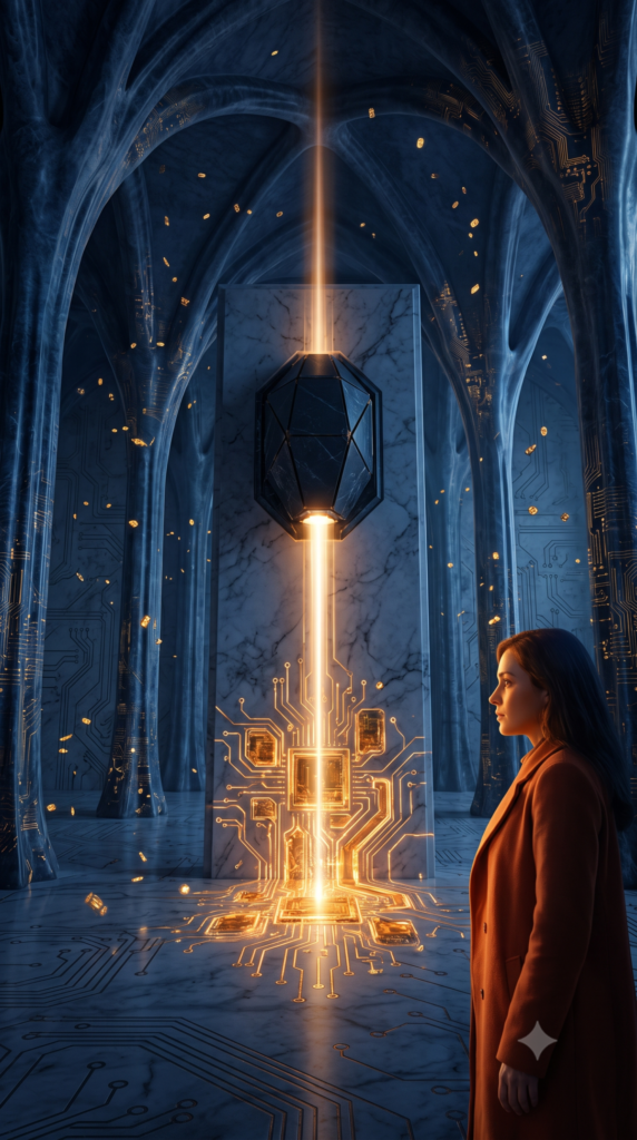 Interior de una catedral de silicio con arcos góticos azules; en el centro, un dispositivo geométrico negro empotrado en un panel de mármol emite un haz de luz cálida hacia abajo, y donde toca la piedra nacen circuitos dorados vivos antes invisibles. A la derecha, una periodista de perfil con abrigo teja, rostro sereno, contempla el dispositivo. Tokens dorados dispersos en el aire.