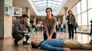 Una mujer aplica RCP a un hombre desplomado en un espacio público mientras un hombre prepara un desfibrilador (DEA) retirado de su gabinete de pared, ilustrando la cadena de RCP y desfibrilador en Colombia.