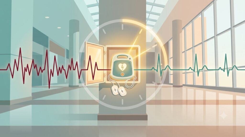 Ilustración conceptual de un pasillo con un gabinete de desfibrilador (DEA) iluminado, enmarcado por un reloj y dos trazados de electrocardiograma, uno irregular en rojo y otro estable en verde.