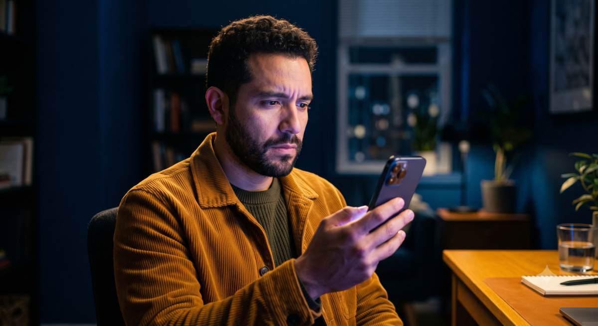 Hombre con saco ocre mirando su telefono en penumbra: el dano silencioso de un consejo de IA