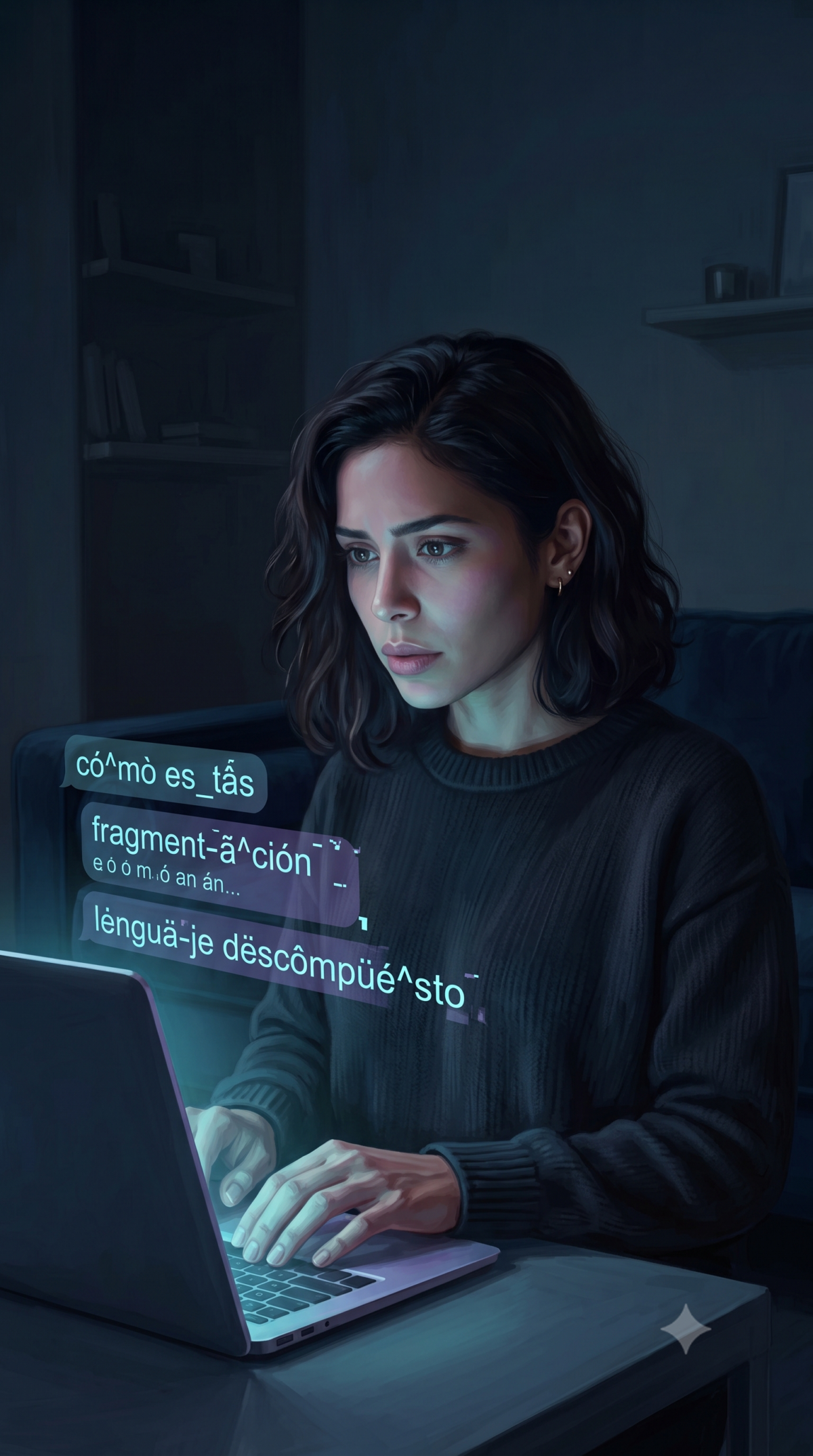 Mujer escribe de noche en su portátil; frases en español flotan sobre la pantalla, fragmentadas y con caracteres rotos, como las descompone el algoritmo.