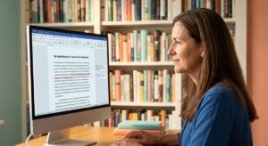 Periodista en la sala híbrida de periodismo en salud mental editando con IA