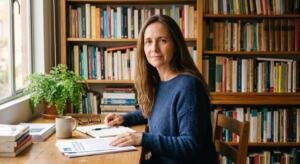 Una periodista en su estudio de trabajo, rodeada de libros e investigaciones impresas, con mirada serena y comprometida; imagen que representa el carácter independiente y de autor de El Paciente Colombiano.