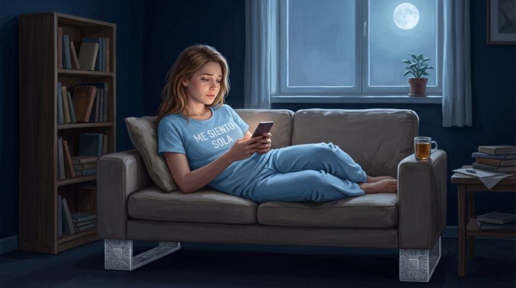 Ilustración nocturna de una joven de cabello castaño claro, en piyama azul cielo con una camiseta que dice «Me siento sola», que llora en silencio mientras mira su teléfono, recostada en un sofá cuyas patas son bloques de silicio con circuitos. Al fondo, una ventana con luna llena y la habitación en penumbra azul; el rostro iluminado por la pantalla del celular.